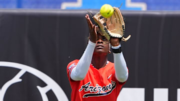 Arizona's Dakota Kennedy (4) makes a catch during the 2025 Phillips 66 Big 12 Softball Championship game between Arizona Wildcats and Texas Tech Red Raiders at Devon Park in Oklahoma City.