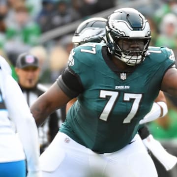 Dec 8, 2024; Philadelphia, Pennsylvania, USA; Philadelphia Eagles offensive tackle Mekhi Becton (77) against the Carolina Panthers at Lincoln Financial Field. Mandatory Credit: Eric Hartline-Imagn Images