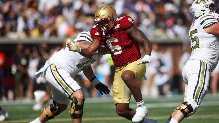 Oct 21, 2023; Atlanta, Georgia, USA; Boston College Eagles defensive end Donovan Ezeiruaku (6) rushes the passer against the Georgia Tech Yellow Jackets in the first quarter at Bobby Dodd Stadium at Hyundai Field. Mandatory Credit: Brett Davis-USA TODAY Sports