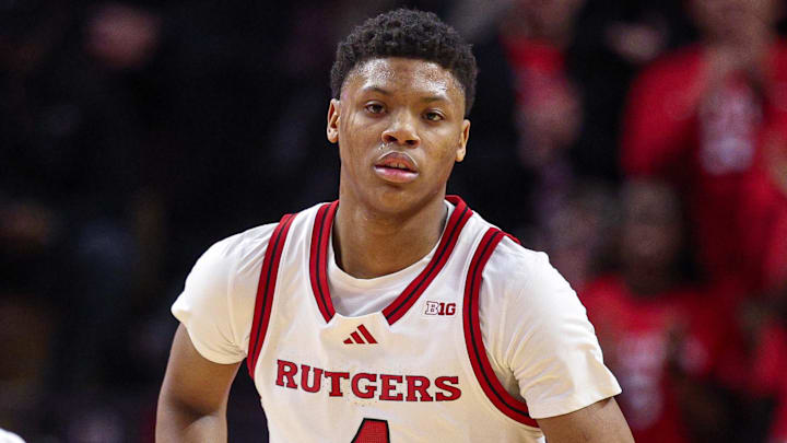 Mar 9, 2025; Piscataway, New Jersey, USA; Rutgers Scarlet Knights guard Ace Bailey (4) runs up court after a basket against the Minnesota Golden Gophers during the first half at Jersey Mike's Arena. Mandatory Credit: Vincent Carchietta-Imagn Images