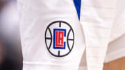 Jan 5, 2024; New Orleans, Louisiana, USA;  Detailed view of the LA Clippers logo against the New Orleans Pelicans during the second half at Smoothie King Center. Mandatory Credit: Stephen Lew-USA TODAY Sports