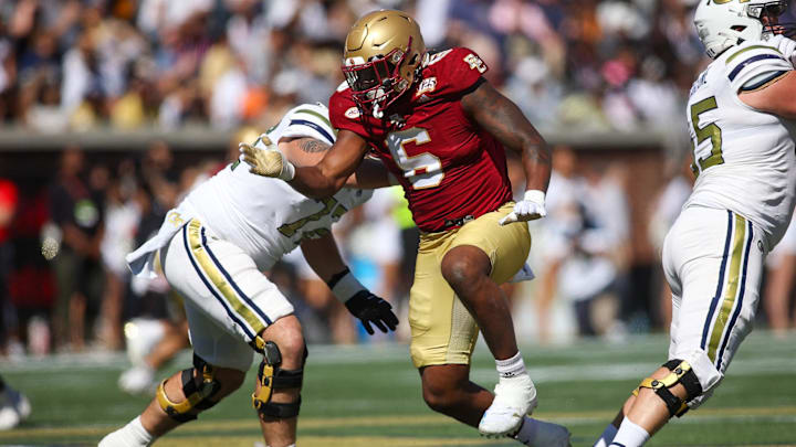 Oct 21, 2023; Atlanta, Georgia, USA; Boston College Eagles defensive end Donovan Ezeiruaku (6) rushes the passer against the Georgia Tech Yellow Jackets in the first quarter at Bobby Dodd Stadium at Hyundai Field. Mandatory Credit: Brett Davis-Imagn Images