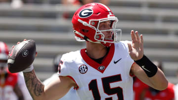 Georgia quarterback Carson Beck (15) throws a pass during the G-Day spring football game in Athens, Ga., on Saturday, April 13, 2024.