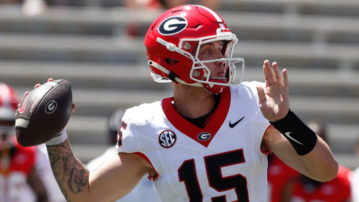 Georgia quarterback Carson Beck (15) throws a pass during the G-Day spring football game in Athens, Ga., on Saturday, April 13, 2024.