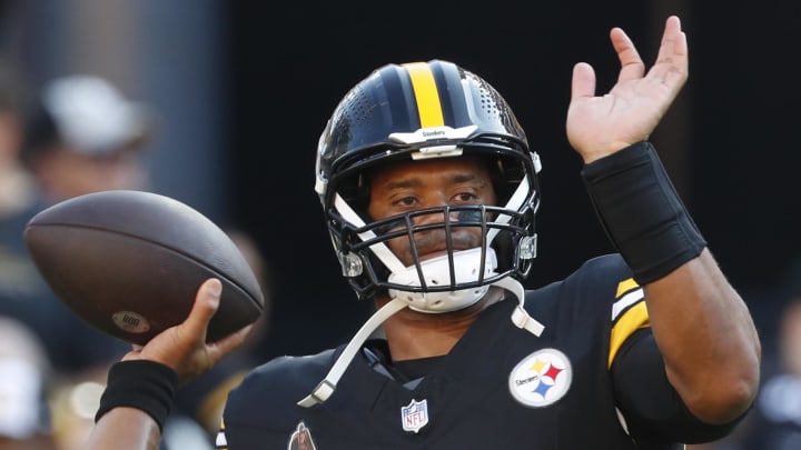 Aug 9, 2024; Pittsburgh, Pennsylvania, USA;  Pittsburgh Steelers quarterback Russell Wilson (3) warms up before playing the Houston Texans at Acrisure Stadium. 