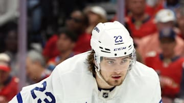 May 11, 2025; Sunrise, Florida, USA; Toronto Maple Leafs left wing Matthew Knies against the Florida Panthers during the second period in game four of the second round of the 2025 Stanley Cup Playoffs at Amerant Bank Arena. 