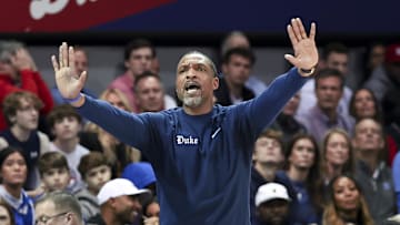 Jan 4, 2025; Dallas, Texas, USA;  Duke basketball associate head coach Chris Carrawell reacts during the second half against the Southern Methodist Mustangs at Moody Coliseum.