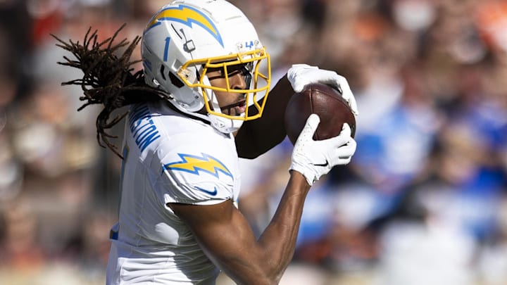 Los Angeles Chargers wide receiver Quentin Johnston makes a reception against the Cleveland Browns. Los Angeles Chargers wide receiver Quentin Johnston makes a reception against the Cleveland Browns.