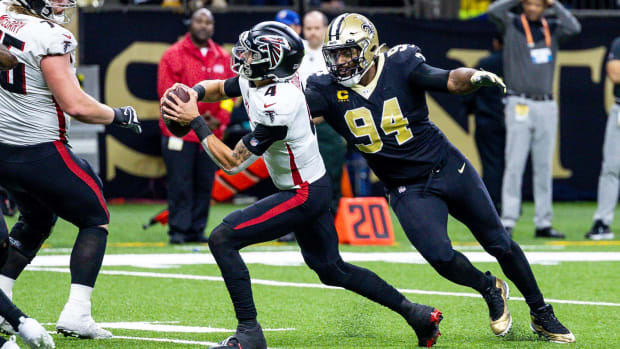 Dec 18, 2022; New Orleans Saints defensive end Cameron Jordan (94) sacks Atlanta Falcons quarterback Desmond Ridder (4) 