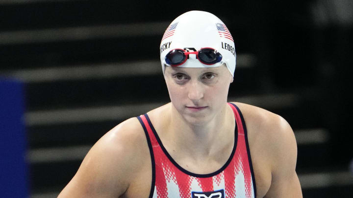 Jul 25, 2024; Nanterre, FRANCE; USA swimmer Katie Ledecky during swim practice at the 2024 Paris Olympic Summer Games. Mandatory Credit: Rob Schumacher-USA TODAY Sports