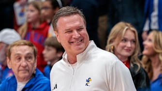 Mar 8, 2025; Lawrence, Kansas, USA; Kansas Jayhawks coach Bill Self on the sidelines prior to the game against the Arizona Wildcats at Allen Fieldhouse. Mandatory Credit: William Purnell-Imagn Images