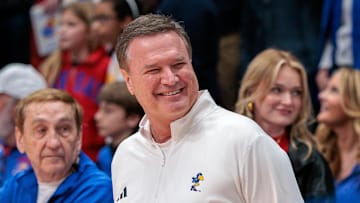 Mar 8, 2025; Lawrence, Kansas, USA; Kansas Jayhawks coach Bill Self on the sidelines prior to the game against the Arizona Wildcats at Allen Fieldhouse. Mandatory Credit: William Purnell-Imagn Images