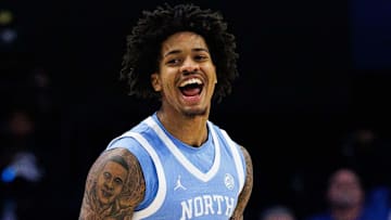 Dec 2, 2025; Lexington, Kentucky, USA; North Carolina Tar Heels forward Jonathan Powell (11) celebrates a three point basket during the first half against the Kentucky Wildcats at Rupp Arena at Central Bank Center. Mandatory Credit: Jordan Prather-Imagn Images