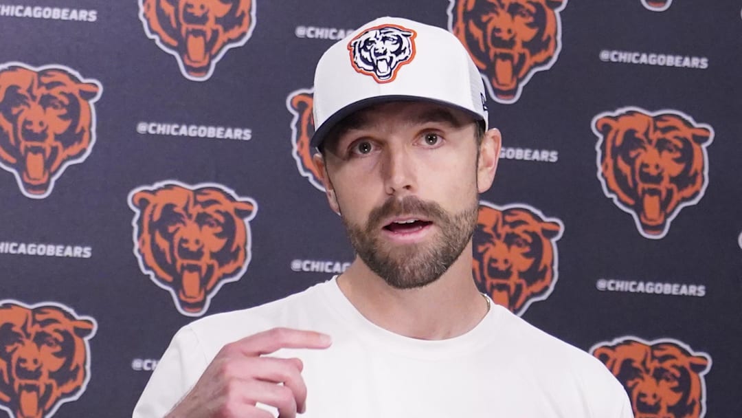May 10, 2025; Lake Forest, IL, USA; Chicago Bears offensive coordinator Declan Doyle answers questions after rookie minicamp at Halas Hall. Mandatory Credit: David Banks-Imagn Images