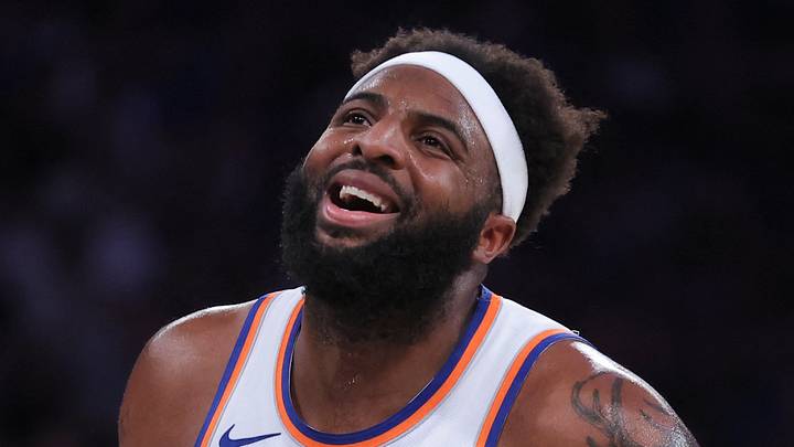 May 19, 2026; New York, New York, USA; New York Knicks center Mitchell Robinson (23) reacts to missing a free throw against the Cleveland Cavaliers during the third quarter of game one of the eastern conference finals during the 2026 NBA playoffs at Madison Square Garden. Mandatory Credit: Brad Penner-Imagn Images