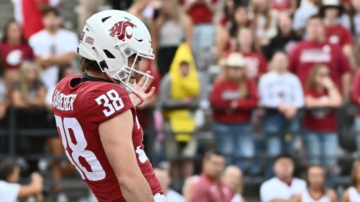 Sep 17, 2022; Pullman, Washington, USA; Washington State Cougars punter Nick Haberer (38) kicks the ball away to Colorado State Rams in the second half at Gesa Field at Martin Stadium. Mandatory Credit: James Snook-USA TODAY Sports