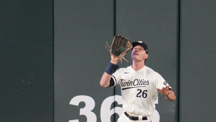 Oct 11, 2023; Minneapolis, Minnesota, USA; Minnesota Twins right fielder Max Kepler (26) makes a