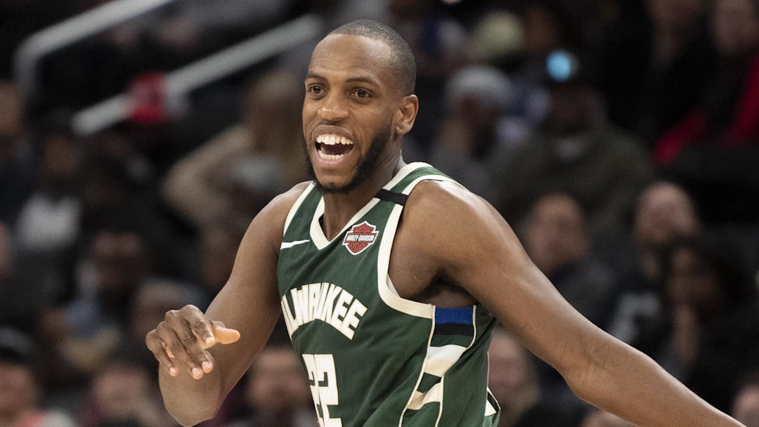 Milwaukee Bucks forward Khris Middleton (22) reacts after making a three point shot during the second half Washington Wizards at Capital One Arena. Feb 24, 2020. 