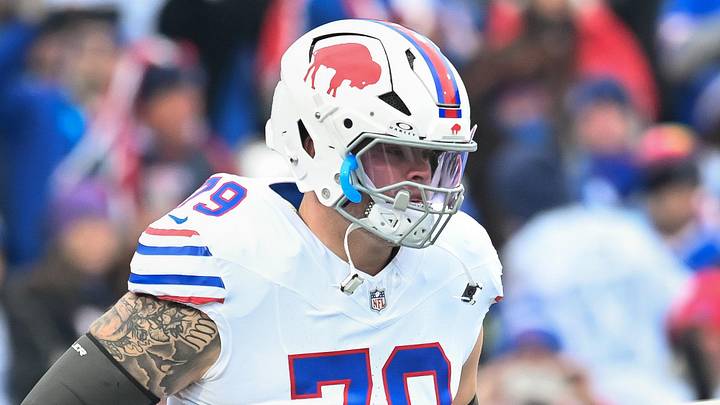 Nov 16, 2025; Orchard Park, New York, USA; Buffalo Bills offensive tackle Spencer Brown (79) enters the field before a game against the Tampa Bay Buccaneers at Highmark Stadium. Mandatory Credit: Mark Konezny-Imagn Images