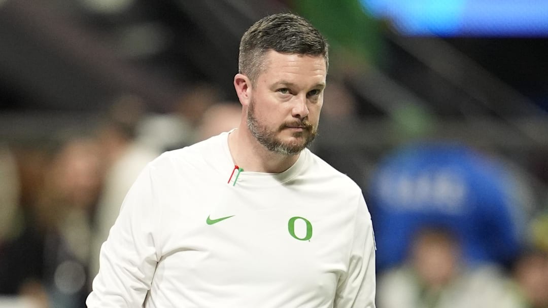 Oregon Ducks head coach Dan Lanning on the field prior to the 2025 Peach Bowl and semifinal game of the College Football Playoff against the Oregon Ducks at Mercedes-Benz Stadium. 