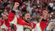 Jun 17, 2025; Sunrise, Florida, USA; Florida Panthers center Brad Marchand (63) celebrates with his teammates after winning game six of the 2025 Stanley Cup Final against the Edmonton Oilers at Amerant Bank Arena. 