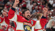 Jun 17, 2025; Sunrise, Florida, USA; Florida Panthers center Brad Marchand (63) celebrates with his teamates after winning game six of the 2025 Stanley Cup Final against the Edmonton Oilers at Amerant Bank Arena. Mandatory Credit: Jim Rassol-Imagn Images