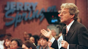Jerry Springer Speaks To Guests During His Show December 17 1998 The Show Which Features Violent O
