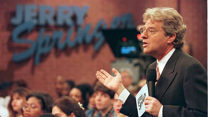 Jerry Springer Speaks To Guests During His Show December 17 1998 The Show Which Features Violent O