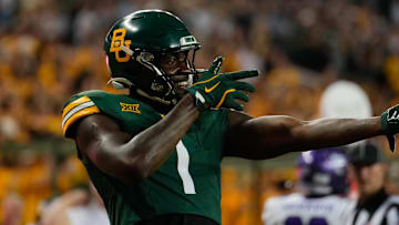 Aug 31, 2024; Waco, Texas, USA; Baylor Bears tight end Michael Trigg (1) celebrates after scoring a touchdown against the Tarleton State Texans during the second half at McLane Stadium. Mandatory Credit: Chris Jones-Imagn Images