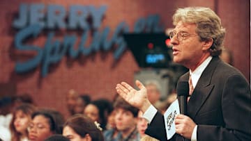 Jerry Springer Speaks To Guests During His Show December 17 1998 The Show Which Features Violent O