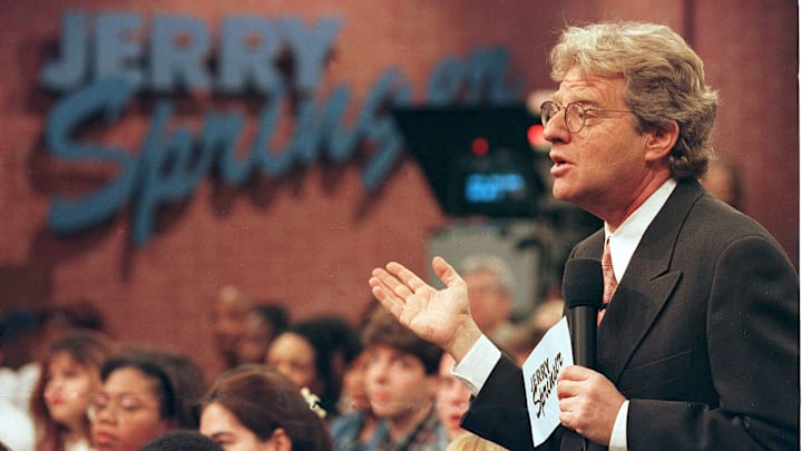 Jerry Springer Speaks To Guests During His Show December 17 1998 The Show Which Features Violent O