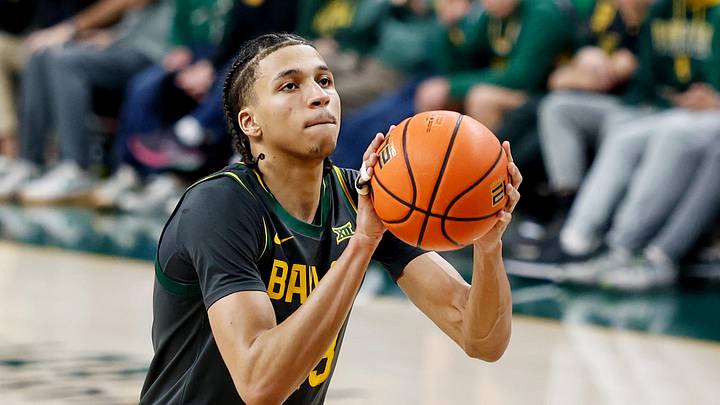 Feb 4, 2026; Waco, Texas, USA; Baylor Bears guard Cameron Carr (43) shoots a free throw against the Colorado Buffaloes during the second half at Paul and Alejandra Foster Pavilion. Mandatory Credit: Chris Jones-Imagn Images
