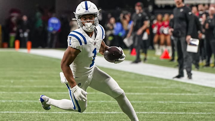 Dec 24, 2023; Atlanta, Georgia, USA; Indianapolis Colts wide receiver Josh Downs (1) runs after a catch against the Atlanta Falcons during the second half at Mercedes-Benz Stadium. Mandatory Credit: Dale Zanine-Imagn Images