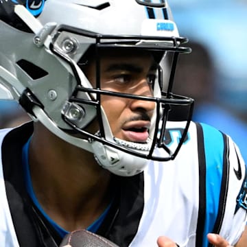 Sep 15, 2024; Charlotte, North Carolina, USA; Carolina Panthers quarterback Bryce Young (9) looks to pass in the third quarter at Bank of America Stadium. Mandatory Credit: Bob Donnan-Imagn Images