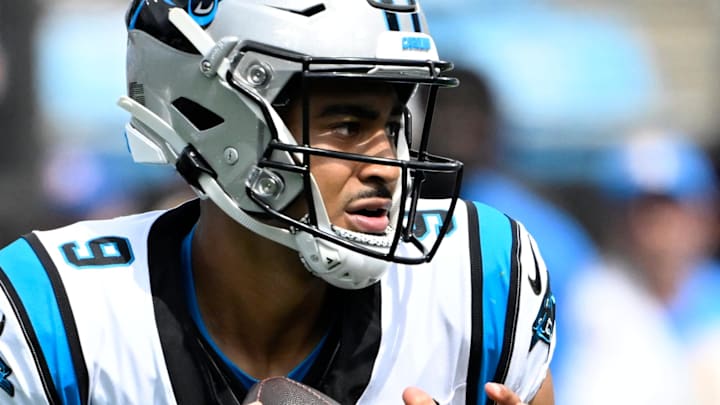 Sep 15, 2024; Charlotte, North Carolina, USA; Carolina Panthers quarterback Bryce Young (9) looks to pass in the third quarter at Bank of America Stadium. Mandatory Credit: Bob Donnan-Imagn Images