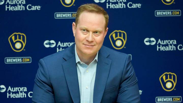 Senior Vice President and General Manager Matt Arnold speaks during an an end of season press conference at American Family Field in Milwaukee on Tuesday, Oct. 10, 2023.