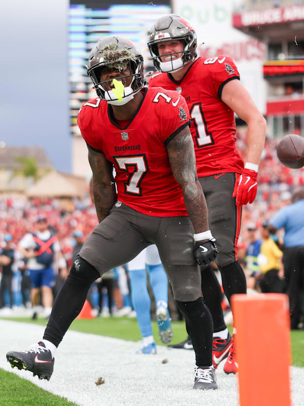 Tampa Bay Buccaneers running back Bucky Irving celebrates after scoring a touchdown against the Carolina Panthers.