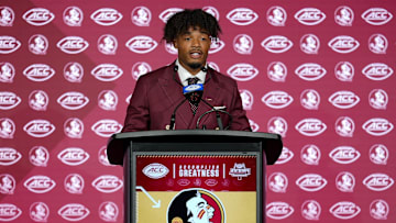 Jul 23, 2025; Charlotte, NC, USA; FSU quarterback Tommy Castellanos answers questions from the media during ACC Media days at Hilton Charlotte Uptown. Mandatory Credit: Jim Dedmon-Imagn Images