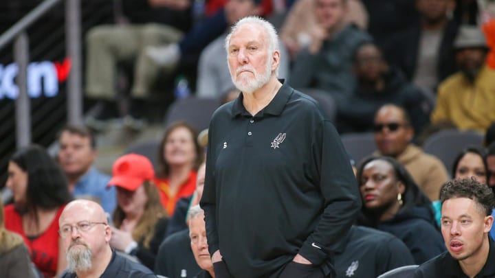 Feb 11, 2023; Atlanta, Georgia, USA; San Antonio Spurs head coach Gregg Popovich on the sideline against the Atlanta Hawks in the second quarter at State Farm Arena. Mandatory Credit: Brett Davis-USA TODAY Sports