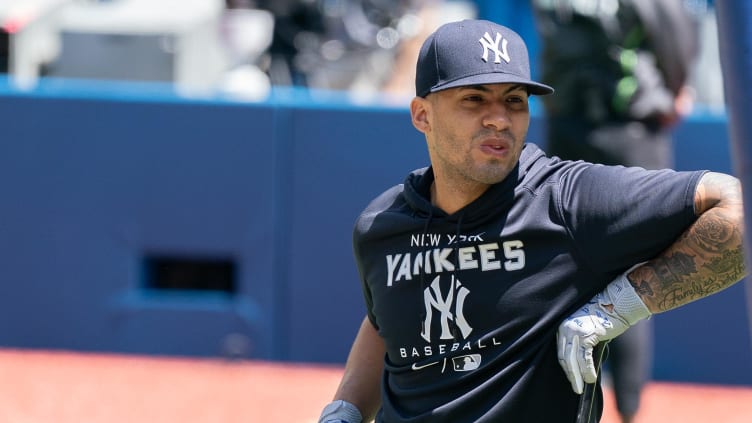 New York Yankees shortstop Oswald Peraza (91) takes batting practice.