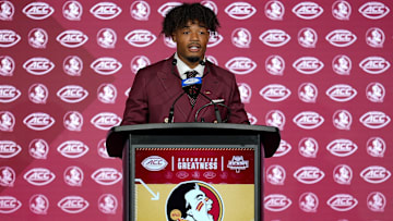 Jul 23, 2025; Charlotte, NC, USA; FSU quarterback Tommy Castellanos answers questions from the media during ACC Media days at Hilton Charlotte Uptown. Mandatory Credit: Jim Dedmon-Imagn Images
