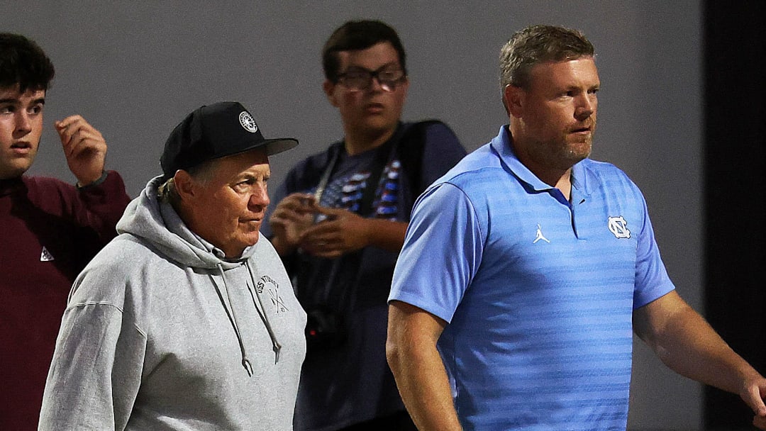 North Carolina head football coach Bill Belichick at the Tabor Academy vs. Milton Academy game on Friday, Sept. 26, 2025.