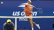 Sep 7, 2024; Flushing, NY, USA; Max Purcell (AUS)(R) hits a forehand behind Jordan Thompson (AUS) against Kevin Krawietz (GER) and Tim Puetz (GER)(both not pictured) in the men's doubles final on day thirteen of the 2024 U.S. Open tennis tournament at USTA Billie Jean King National Tennis Center. Mandatory Credit: Geoff Burke-Imagn Images