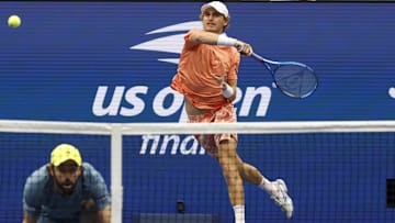 Sep 7, 2024; Flushing, NY, USA; Max Purcell (AUS)(R) hits a forehand behind Jordan Thompson (AUS) against Kevin Krawietz (GER) and Tim Puetz (GER)(both not pictured) in the men's doubles final on day thirteen of the 2024 U.S. Open tennis tournament at USTA Billie Jean King National Tennis Center. Mandatory Credit: Geoff Burke-Imagn Images