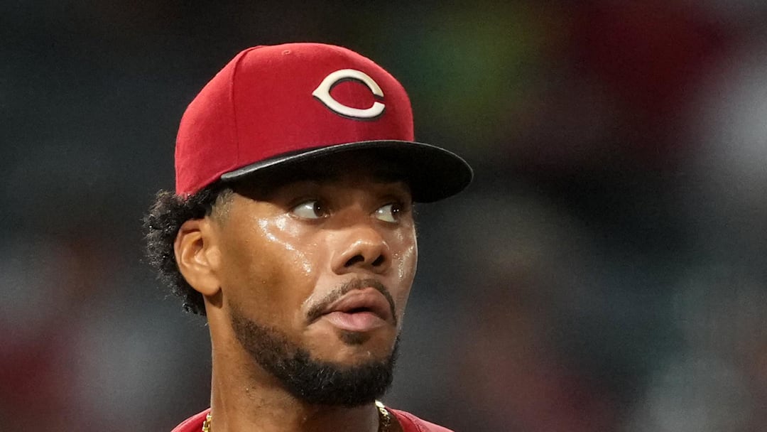 Cincinnati Reds starting pitcher Hunter Greene (21) reacts at the end of the sixth inning against the Los Angeles Angels at Angel Stadium on Aug. 19. 
