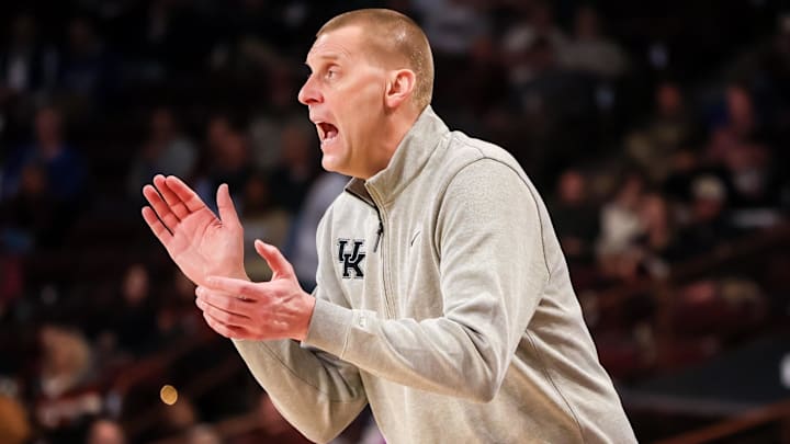 Feb 24, 2026; Columbia, South Carolina, USA; Kentucky Wildcats head coach Mark Pope directs his team against the South Carolina Gamecocks during the first half at Colonial Life Arena. Mandatory Credit: Jeff Blake-Imagn Images