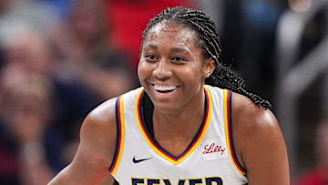 Indiana Fever forward Aliyah Boston (7) smiles after scoring Friday, July 12, 2024, during the game at Gainbridge Fieldhouse in Indianapolis. The Indiana Fever defeated the Phoenix Mercury, 95-86.