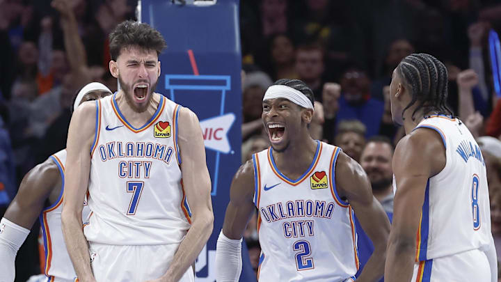 Dec 8, 2023; Oklahoma City, Oklahoma, USA; Oklahoma City Thunder forward Chet Holmgren (7), and guard Shai Gilgeous-Alexander (2) celebrate after Chet Holmgren scores a basket against the Golden State Warriors during the second half at Paycom Center. Mandatory Credit: Alonzo Adams-Imagn Images