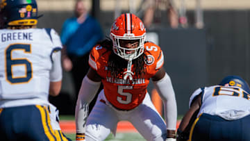 Oct 5, 2024; Stillwater, Oklahoma, USA; Oklahoma State Cowboys safety Kendal Daniels (5) ready for a play against the West Virginia Mountaineers during the second quarter at Boone Pickens Stadium. Mandatory Credit: William Purnell-Imagn Images