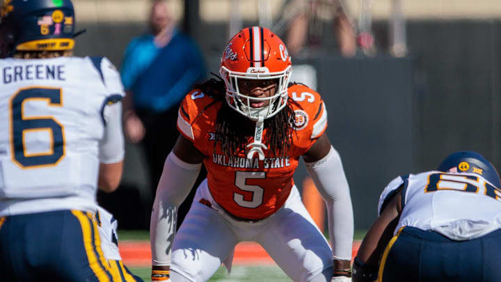 Oct 5, 2024; Stillwater, Oklahoma, USA; Oklahoma State Cowboys safety Kendal Daniels (5) ready for a play against the West Virginia Mountaineers during the second quarter at Boone Pickens Stadium. Mandatory Credit: William Purnell-Imagn Images